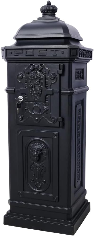 Copper Mailbox, Large Lockable Package Drop Box with Roman Statue, Rustproof Cast Aluminum Mail Boxes for Outside, Vintage Post-Mount Design, Weatherproof & Elegant Garden Letter Box (Black)