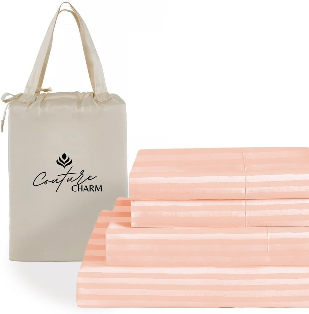 Queen Size 1000 Thread Count 100% Egyptian Cotton Sheet Set, 4-Piece, Sateen Weave, with 10-12' Deep Pocket Snug Fit (Stripe, Peach)