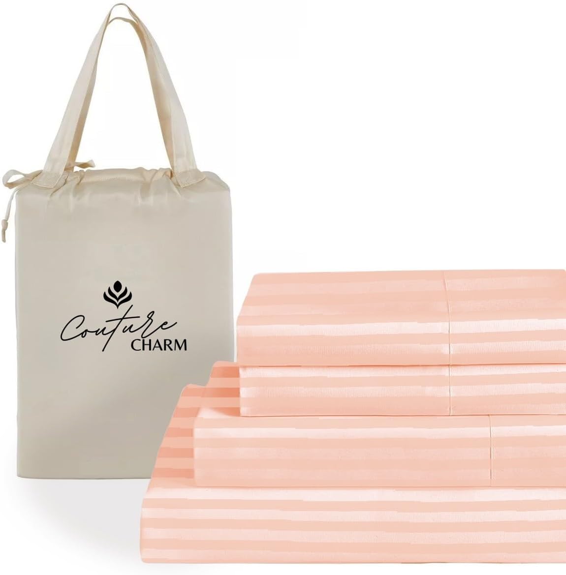 Queen Size 1000 Thread Count 100% Egyptian Cotton Sheet Set, 4-Piece, Sateen Weave, with 10-12' Deep Pocket Snug Fit (Stripe, Peach)