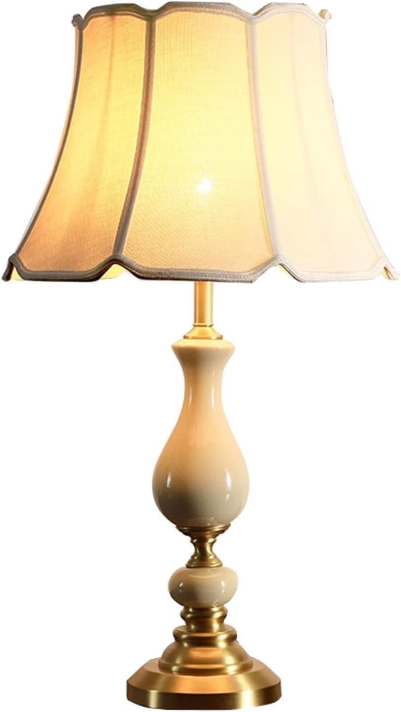 Room Lights White Tall Ceramic Desk lamp American Classic Rustic Bedside Nightstand Lamp Fabric Lampshade with Metal Body Gold Table for Bedroom Living Study