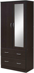HODEDAH 2 Door Wood Wardrobe Bedroom Closet with Clothing Rod inside Cabinet, 2 Drawers for Storage and Mirror, Chocolate