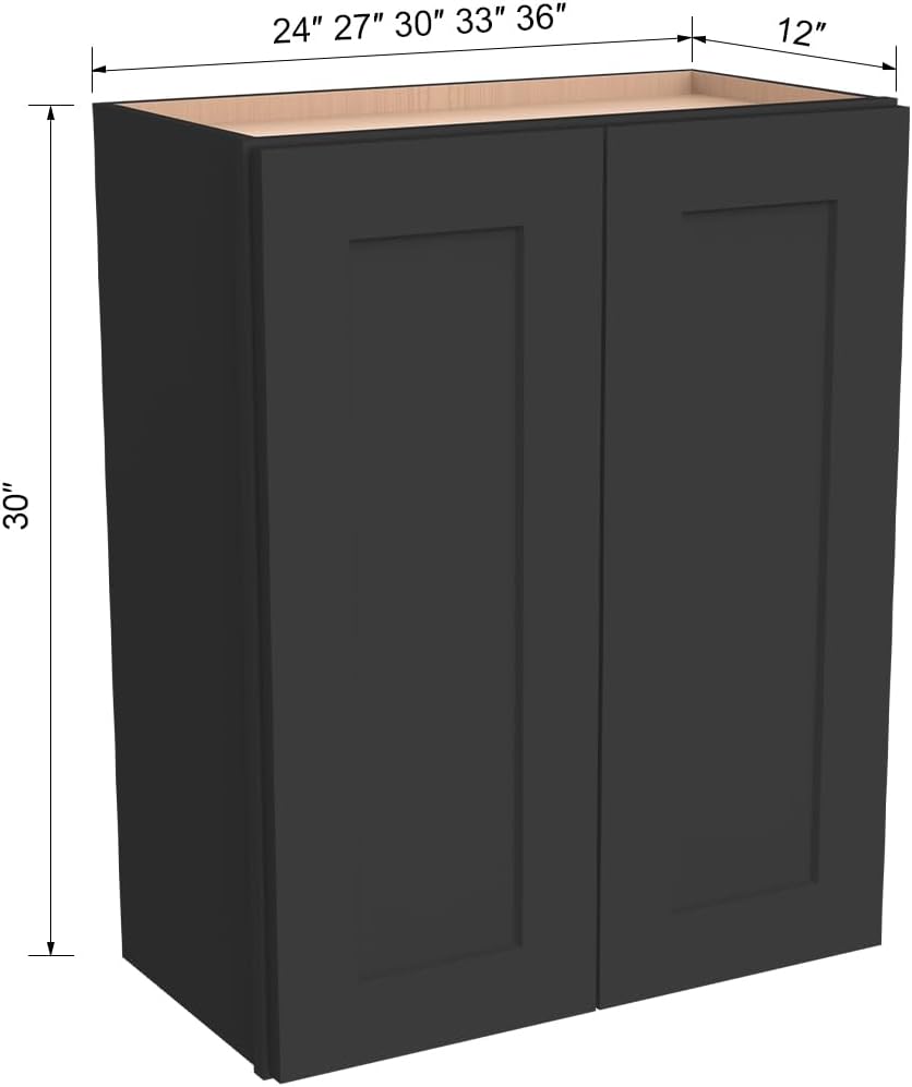 Solid Wood Wall-Mounted Medicine Cabinet, Kitchen Wall - Cabinet, Bathroom Cabinet Wall Mounted with Adjustable Shelves, 2 Doors Wall Calbinet (Charcoal Black, 24' W x 30' H x 12' D)