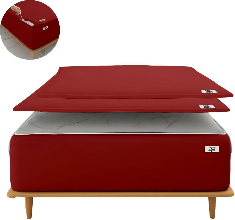 COTTON STICH 600 TC Zipper Fitted Sheet, 100% Egyptian Cotton, 18' Deep Pocket, Easy Zip Change, All-Around Secure Fit - Queen Size Bed - Burgundy
