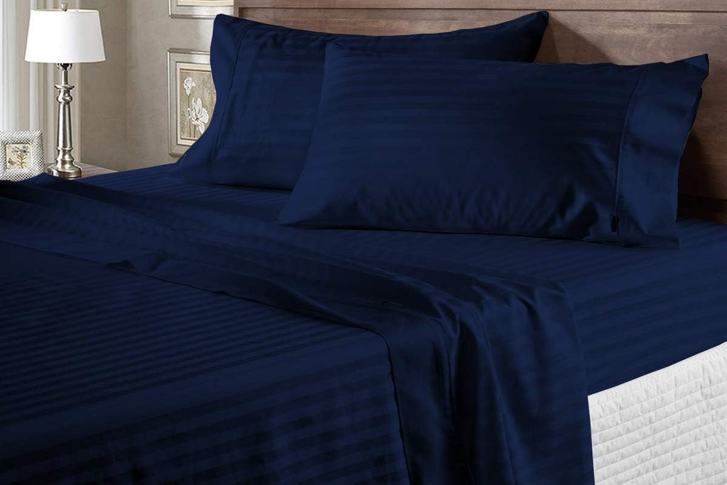 AMAY Luxury Soft 100% Egyptian Cotton 6pc Sheet Set Sateen Weave 800 TC Queen Size for Bed, Fits Mattress Upto 16-18'' Deep Pocket, Navy Blue Stripe