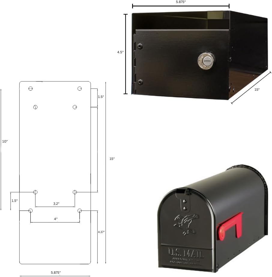 E1-MLBX-LKIT-BLK Rust Proof Galvanized Steel Mailbox with Locking Insert, Steel Latch & Red Aluminum Flag, Black