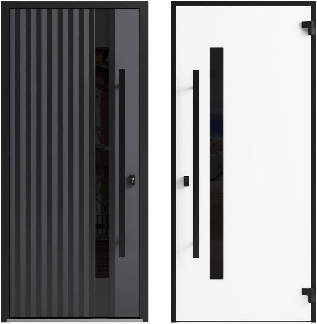 VDOMDOORS Front Exterior Prehung Steel Door/Ronex 0144 Grey / 2 Side Exterior Windows Sidelites/Entry Metal Modern Painted W12+36+12' x H80 Right Hand Inswing