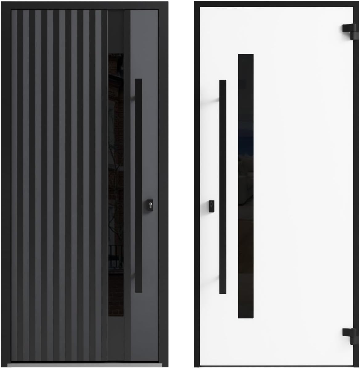 VDOMDOORS Front Exterior Prehung Steel Door/Ronex 0144 Grey / 2 Side Exterior Windows Sidelites/Entry Metal Modern Painted W12+36+12' x H80 Right Hand Inswing