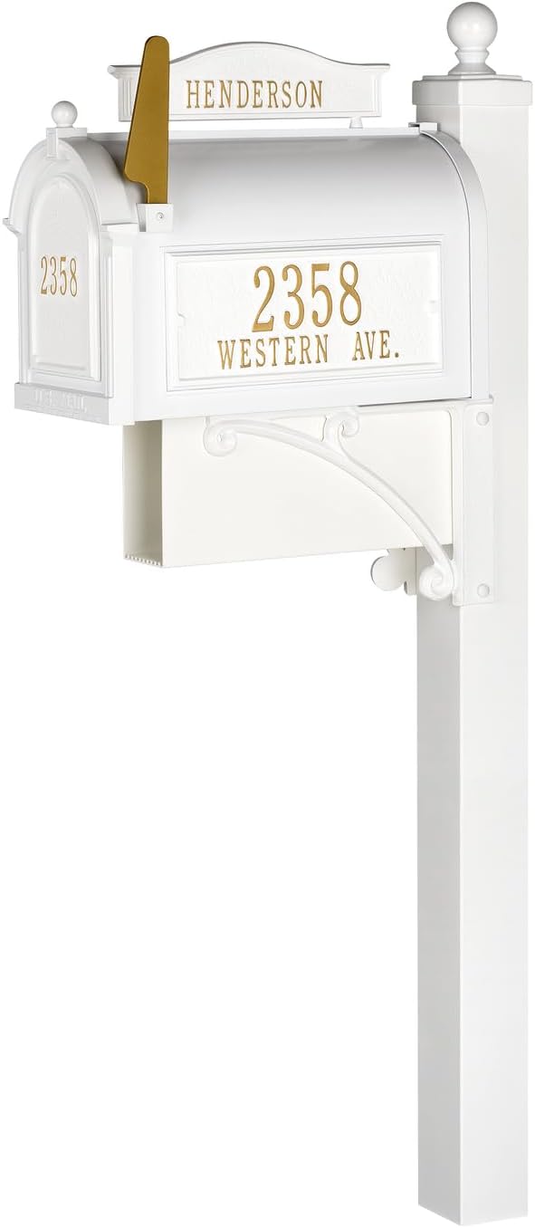 Whitehall Ultimate Mailbox Package, Personalized Large Mailbox with Post and Address Plaque for Outside - White/Gold
