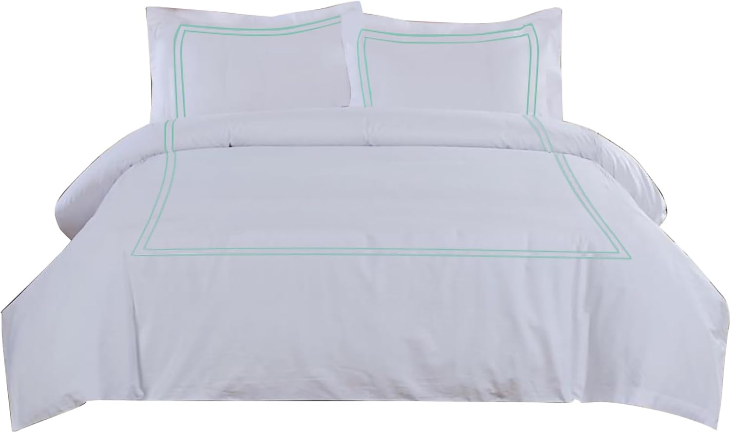 BedDecor Luxury 400-TC Egyptian Cotton 5PC Embroidered Duvet Cover Set with Beautiful 2-Stripe Embroidery(Aqua Blue, Full/Queen)
