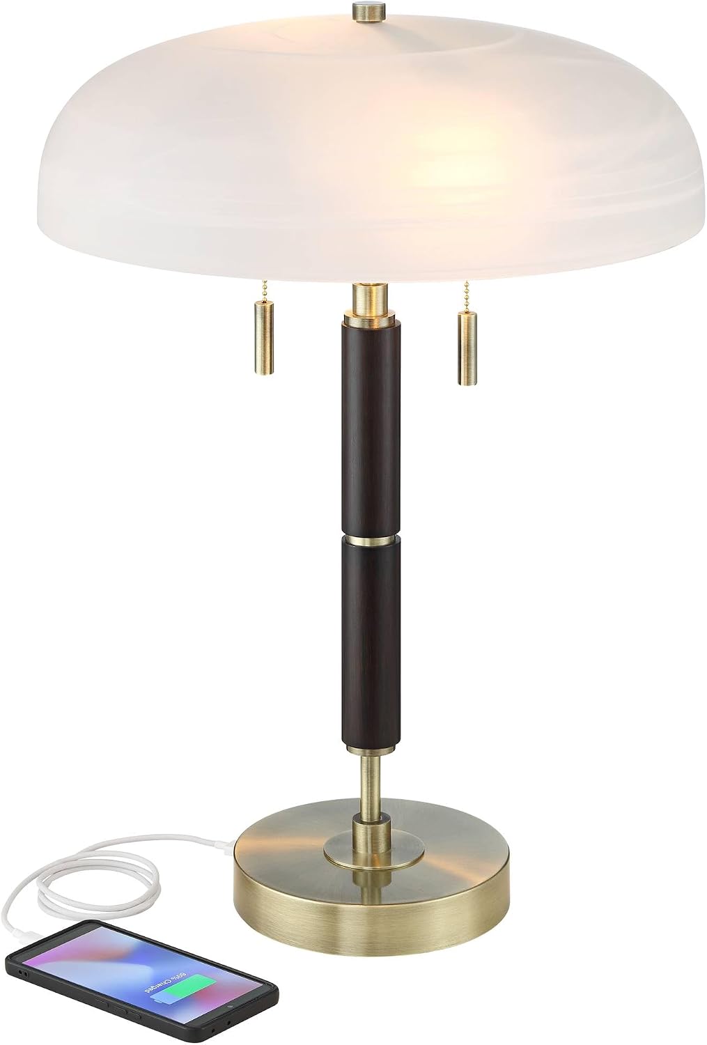 Possini Euro Design Wyndham 23' High Small Mid Century Modern Glam Luxe Desk Lamp with USB Charging Ports A+C Black Gold Metal Glass Dome Shade Home Office Living Room Charging Bedroom Bedside