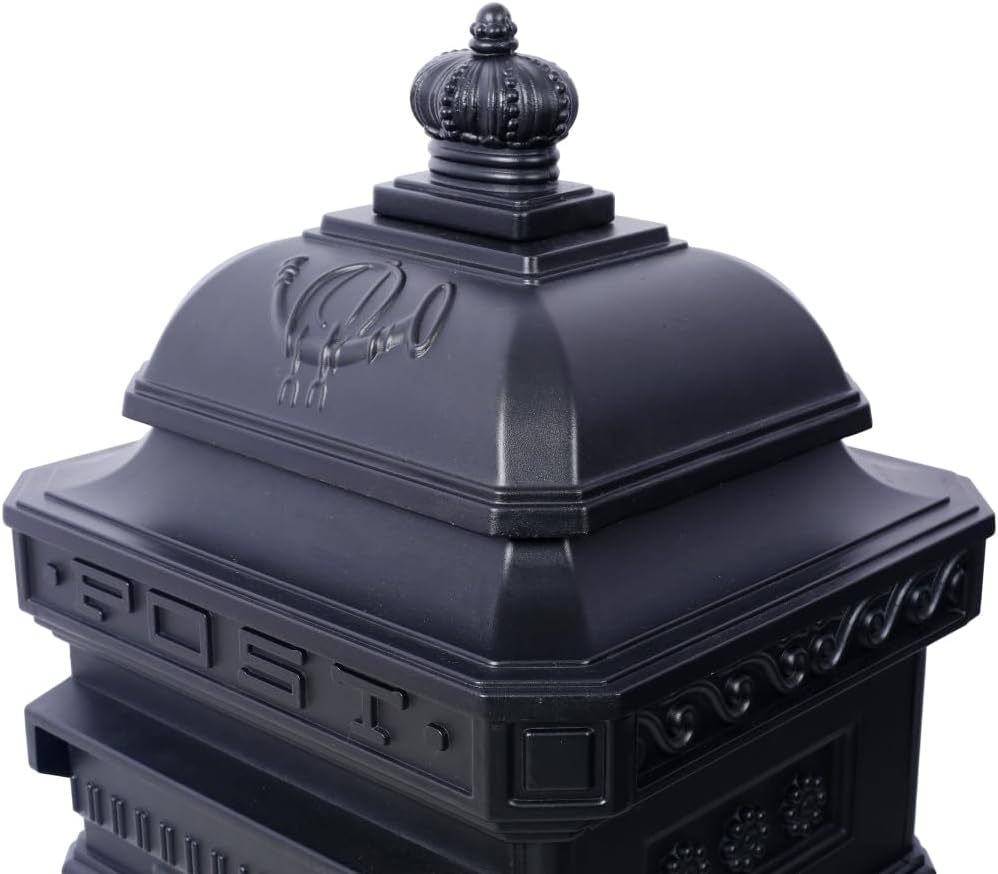 Copper Mailbox, Large Lockable Package Drop Box with Roman Statue, Rustproof Cast Aluminum Mail Boxes for Outside, Vintage Post-Mount Design, Weatherproof & Elegant Garden Letter Box (Black)