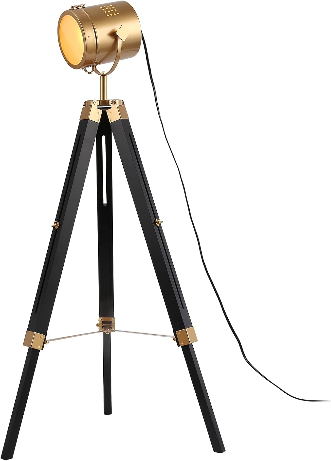 Mordern industrial tripod floor lamp for living room, bedroom office, vintage gold brass standing reading light floor lamp with camera tripod wood, rotatable nautical spotlight standing lamp black