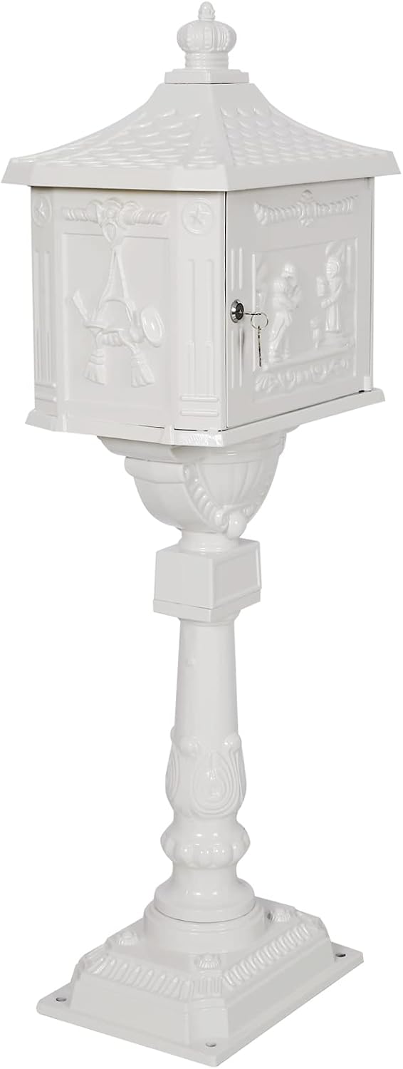 Montary Cast Aluminum Mailbox with Post, Heavy Duty Locking Security Mail Box for House Outside, Vintage Rust-Proof Large Postal Box with Keys & Baffle Door Postal Mailbox (White)