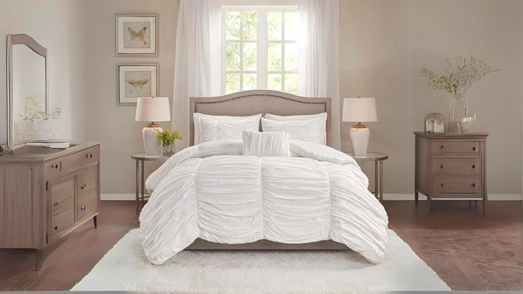 BedDecor 1 Piece Ruched Pattern Duvet Cover with Zipper & Corner Ties 100% Egyptian Cotton 500 Thread Count Premium Hotel Quality Decorative Bedding (White,Oversized King)