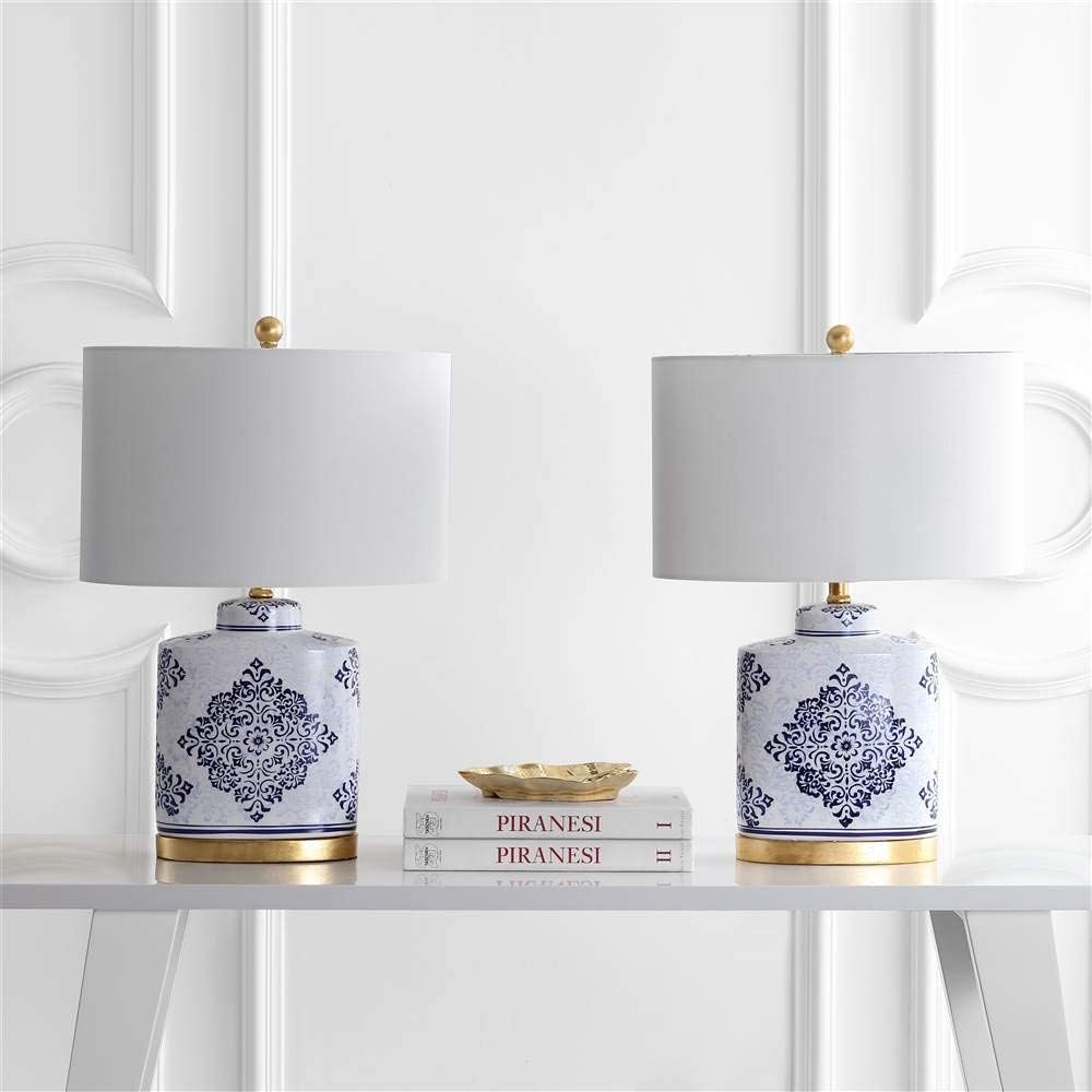 SAFAVIEH Lighting Collection Kamdyn Blue/ White 24-inch Bedroom Living Room Home Office Desk Nightstand Table Lamp Set of 2 (LED Bulbs Included)