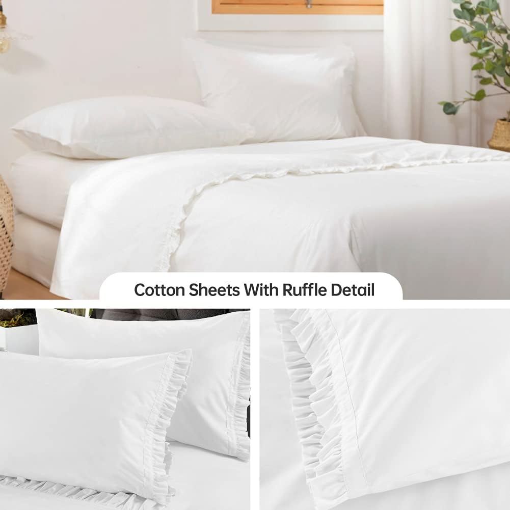 6-Piece Queen XL Size, Shabby Chic Ruffle Sheets Set French Country Bedding 100% Egyptian Cotton Vintage Bed Sheet Set 15 Inch Deep Pockets Ruffled Bed Sheets White Solid