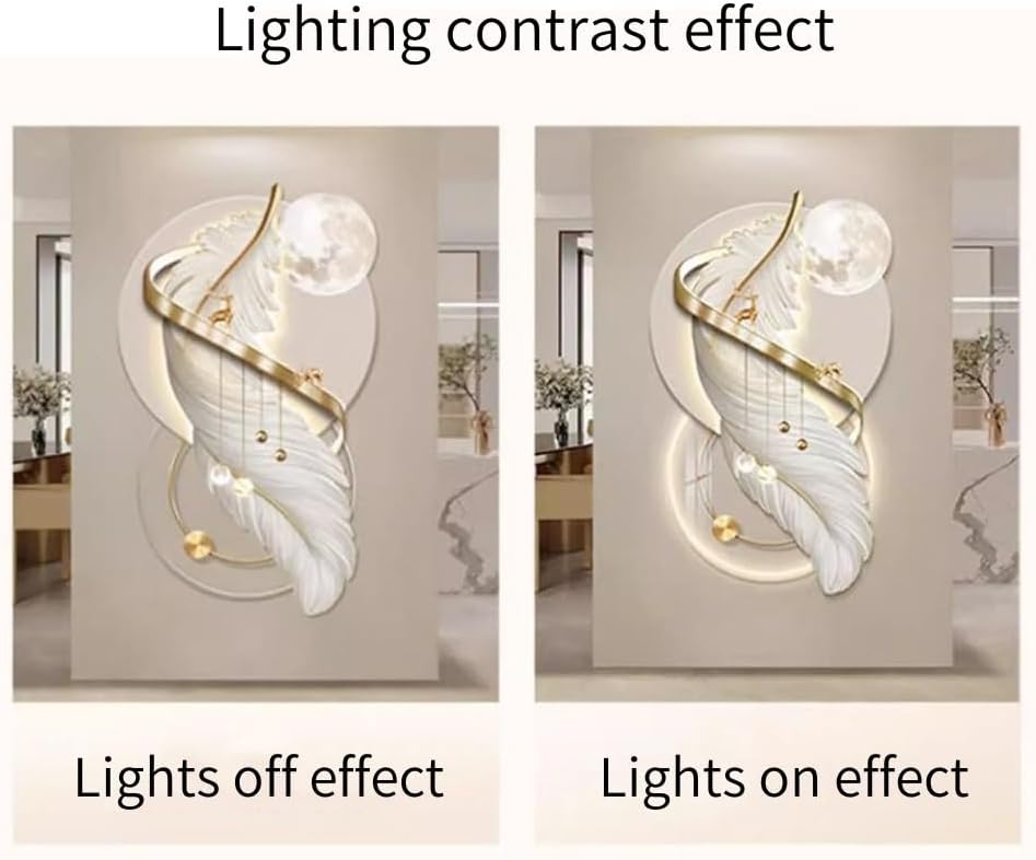 Feather Wall Decor, 3D Wall Painting with Light, Plug-in Power Supply 3D Wall Art Decor with Led Lights, Art for Walls for Living Room Entrance Corridor(A,48x80cm/18.9x31.5in)