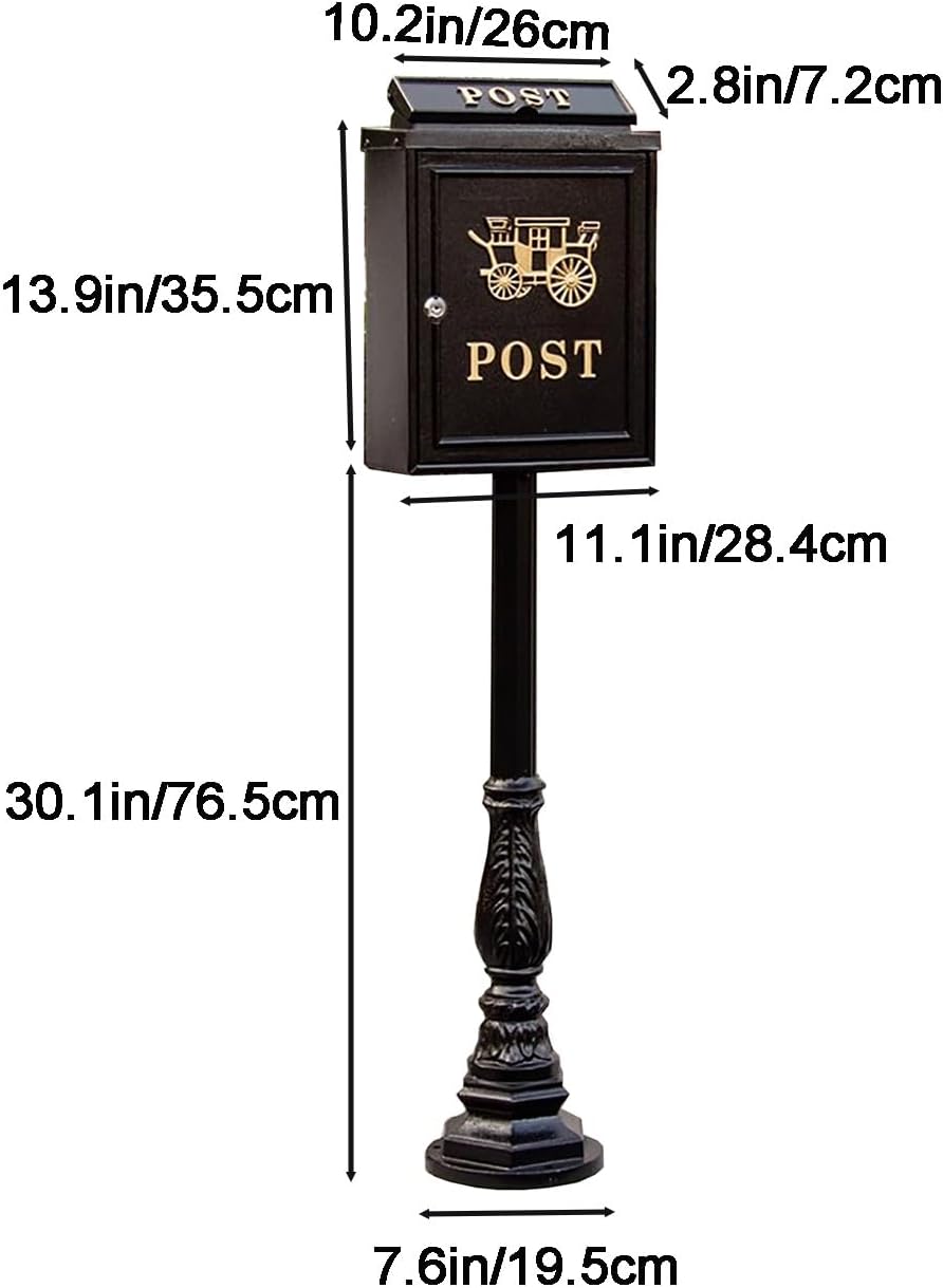Mailboxes for Outside, Cast Aluminum Mailbox with Post, Heavy Duty Metal Mailbox with 2 Keys, for Home, Garden, Office(Black)