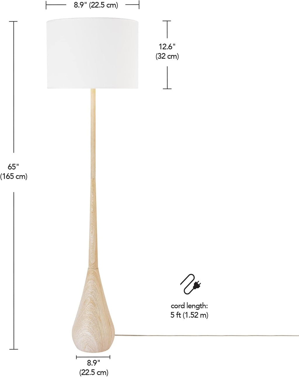 Globe Electric 65' Floor Lamp, Wood-Toned Finish, White Cotton Shade, Japandi Style, E26 Base, On/Off Rotary Switch, 5-Ft Cord, 52112