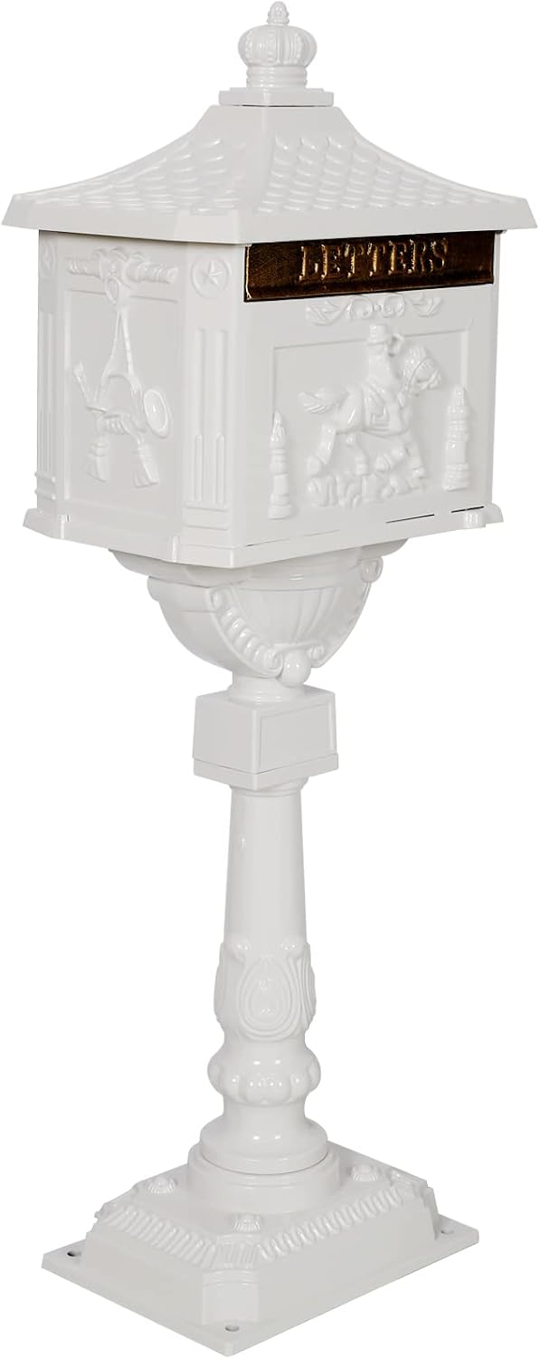Montary Cast Aluminum Mailbox with Post, Heavy Duty Locking Security Mail Box for House Outside, Vintage Rust-Proof Large Postal Box with Keys & Baffle Door Postal Mailbox (White)