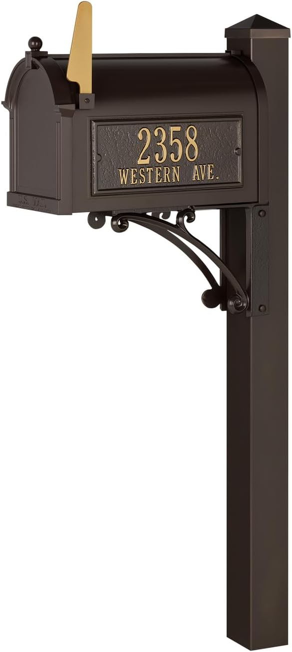 Whitehall Superior Mailbox with Side Address Plaques, Personalized Large Mailbox with Post and Address Plaque for Outside, Package Mailbox with Post Bronze