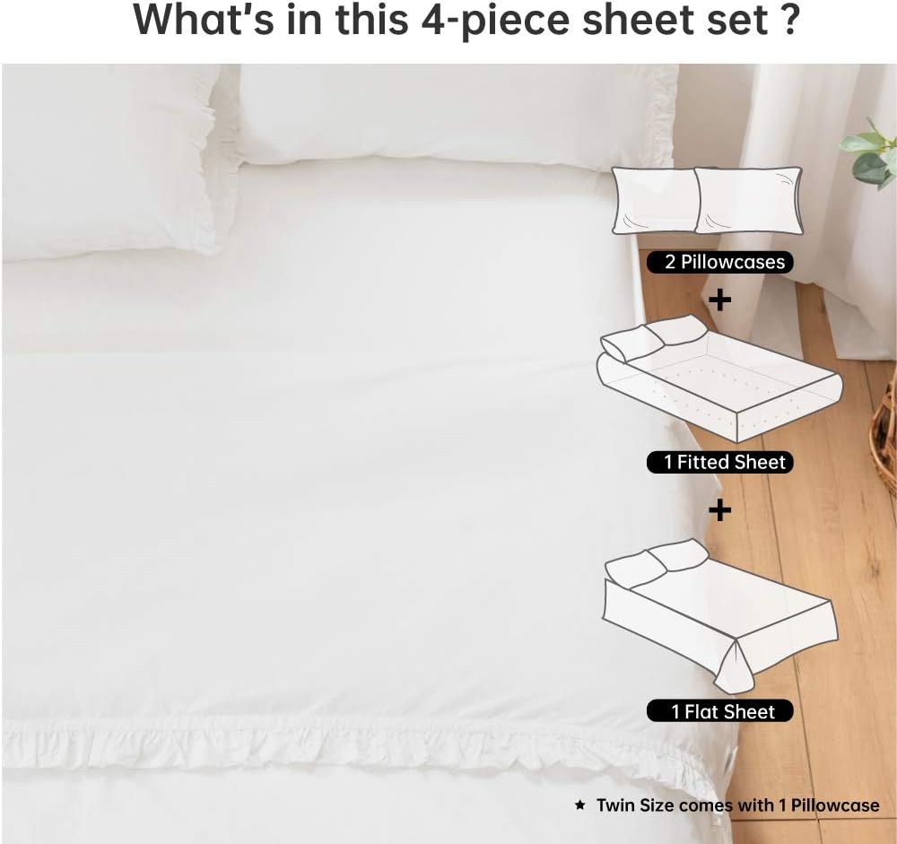 6-Piece Queen Size, Shabby Chic Ruffle Sheets Set French Country Bedding 100% Egyptian Cotton Vintage Bed Sheet Set 15 Inch Deep Pockets Ruffled Bed Sheets White Solid