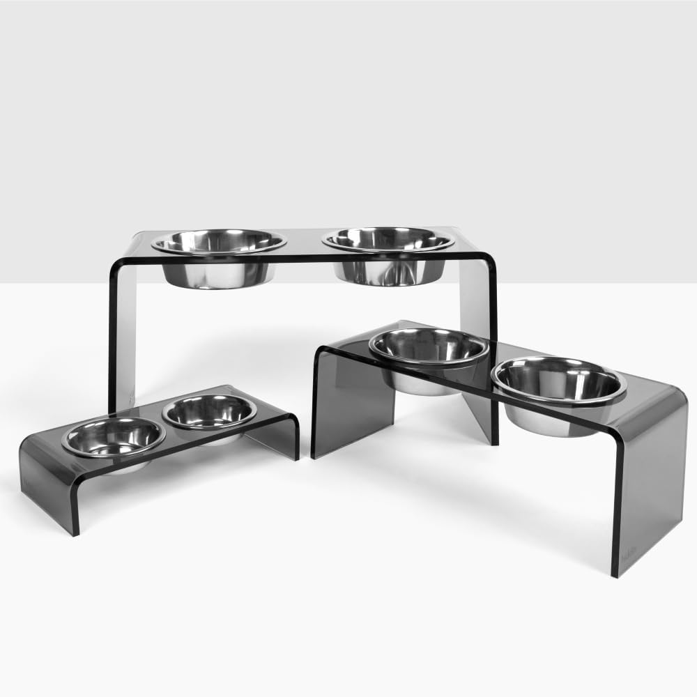 Hiddin Double Elevated Dog Bowl Stand for Medium or Large Dogs, All Breeds, Smoke Grey Acrylic 12 Inch Raised Dog Bowl Stand with Two Stainless Steel Bowls for Food and Water - 6.5 Cups Each Dish