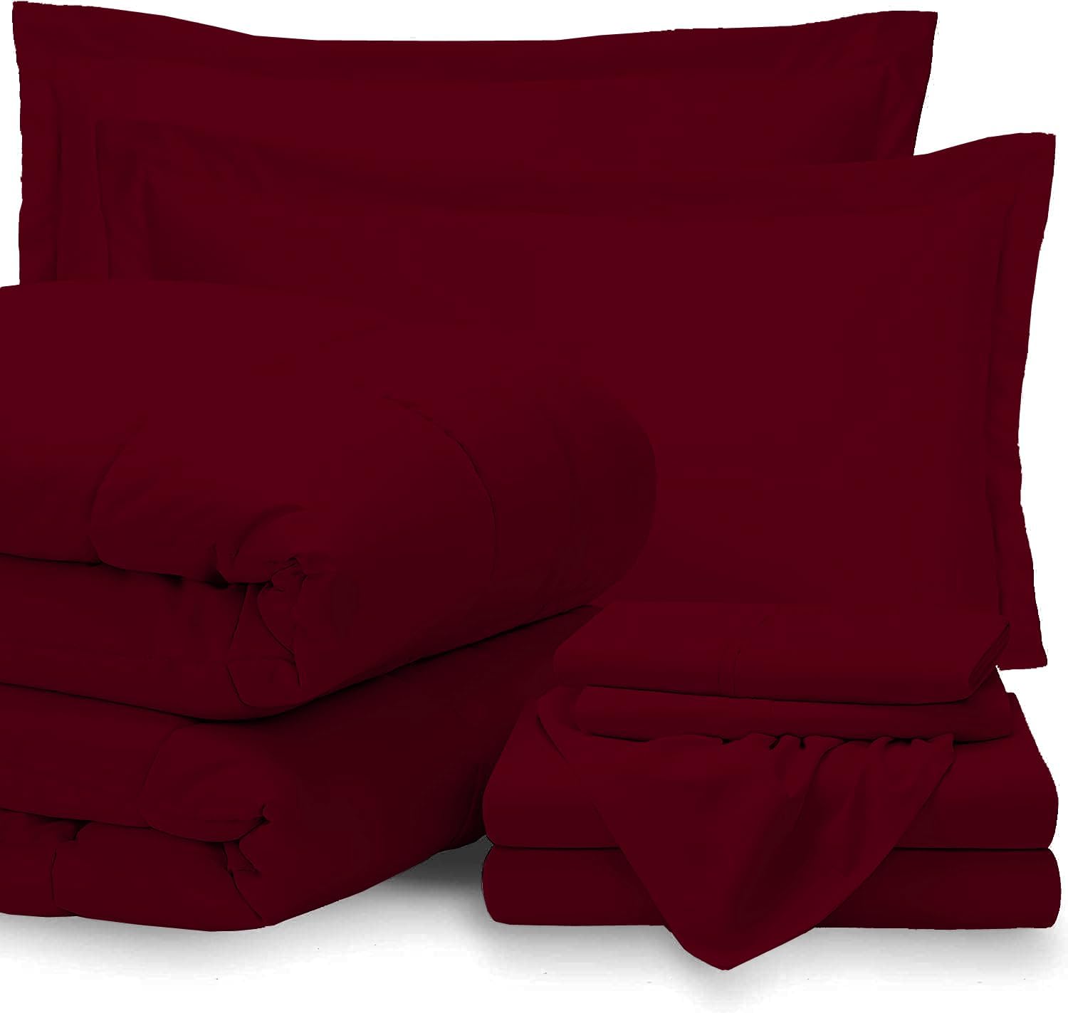 GOKOCO 7 Pieces, Bed in a Bag Bedding Sets Queen Size 100% Egyptian Cotton 800 Thread Count 400GSM Fiber Fill Comforter Set with Sheet Set 15' Deep Pocket - Burgundy Solid