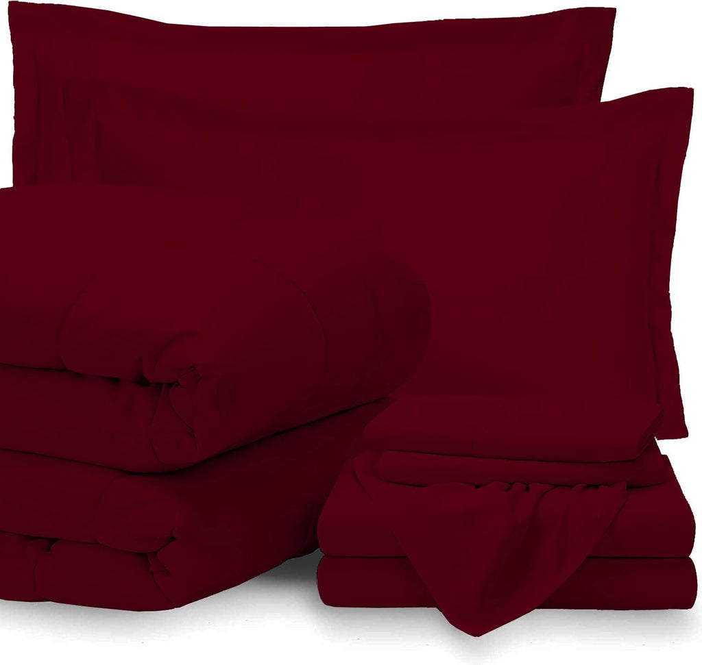 GOKOCO 100% Egyptian Cotton 800 Thread Count 400GSM 7Pcs Comforter Set and Sheet Set 18' Deep Pocket (Comforter, Flat Sheet, Fitted Sheet, Pillowcases, Pillow Sham) - Oversized Queen Size - Burgundy