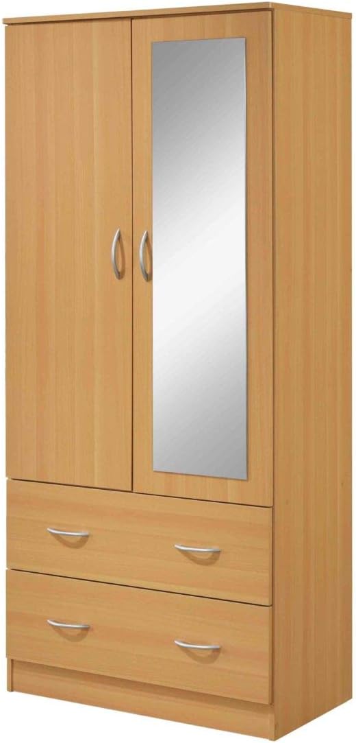 HODEDAH 2 Door Wood Wardrobe for Bedroom with Hanging Clothing Rod inside the Cabinet and 2 Drawers for Storage Organization, Multifunctional Closet with Mirror, Beech