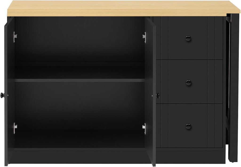 RUNNA 89.7''Wooden Sideboard with Extendable Table,Multifunctional Storage Cabinet with 2 Doors and 3 Drawers,for Living Room,Study,Foyer and Kitchen (Black+Natural#68)