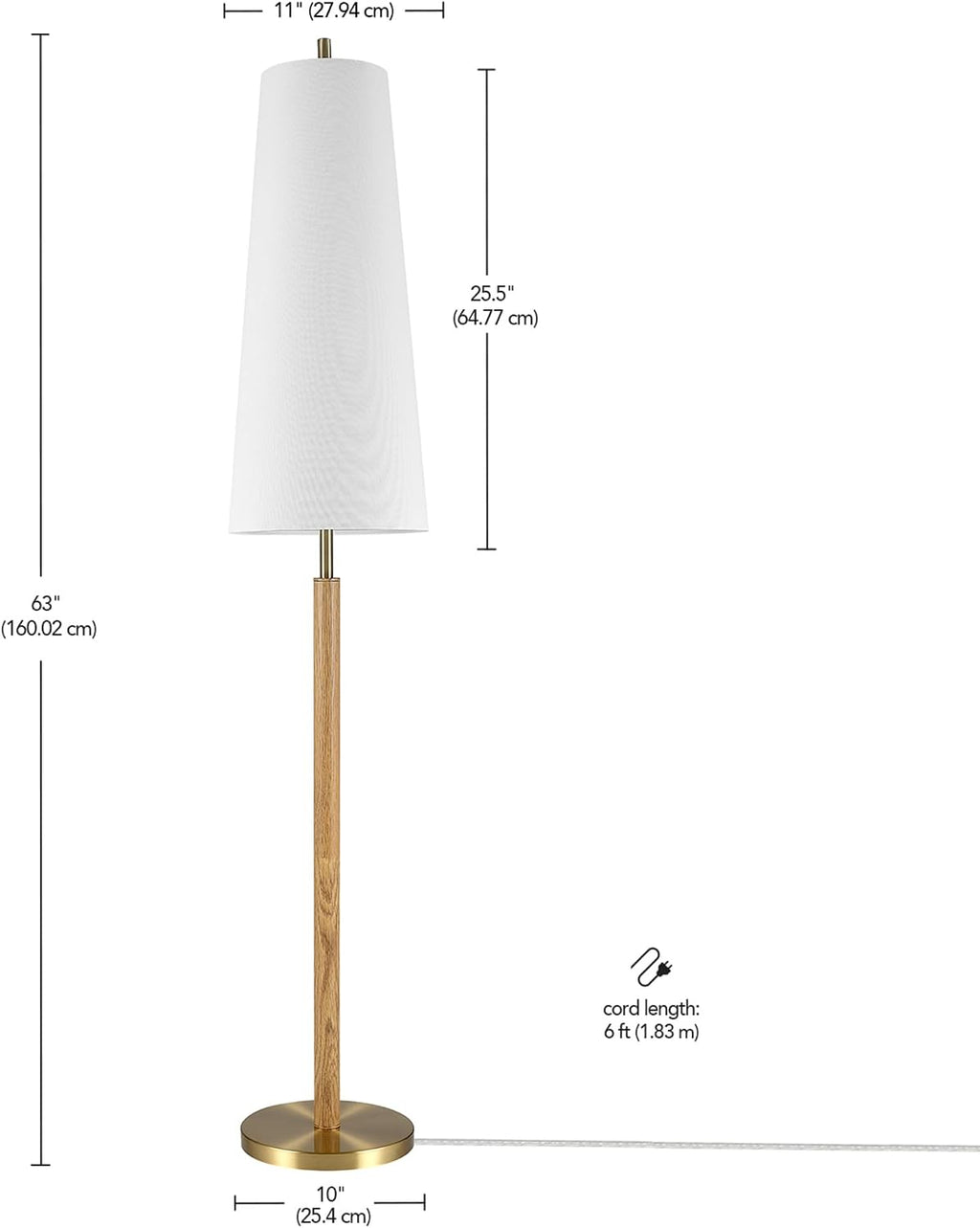 Globe Electric 61000173 63' Floor Lamp, Matte Brass, Wood Toned Accent, Long White Fabric Shade, in-Line On/Off Foot Switch, 6.7-Foot Clear Cord, 1-Light, 60W E26/Medium Base Bulb