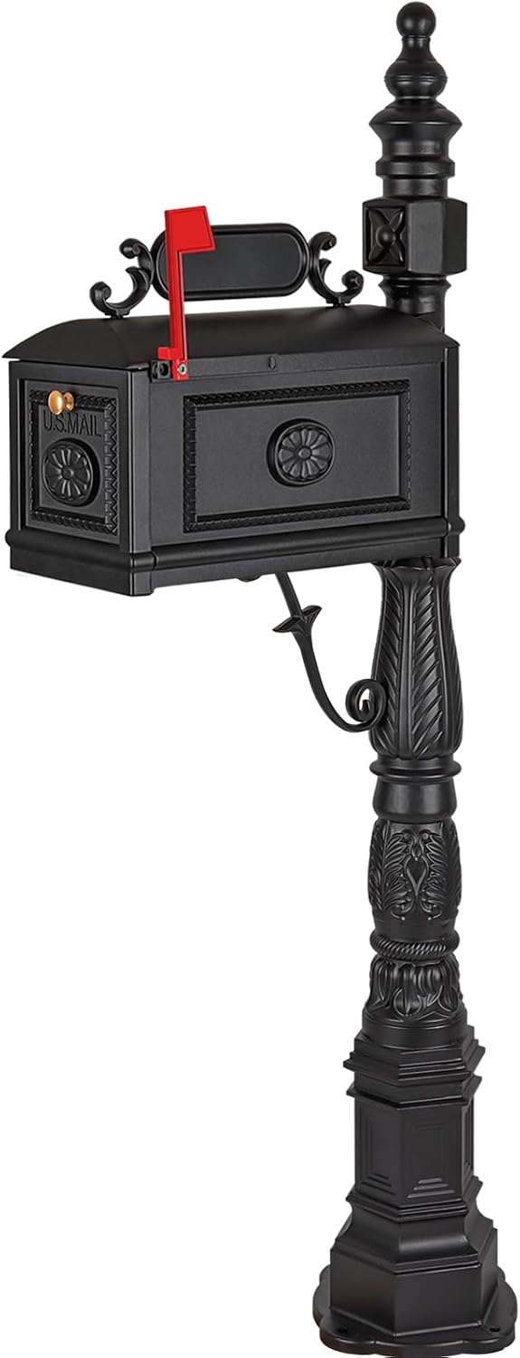 Heavy Duty Mailbox Classic Decorative Cast Aluminum Mail Box Postal Vertical Pedestal (Black)