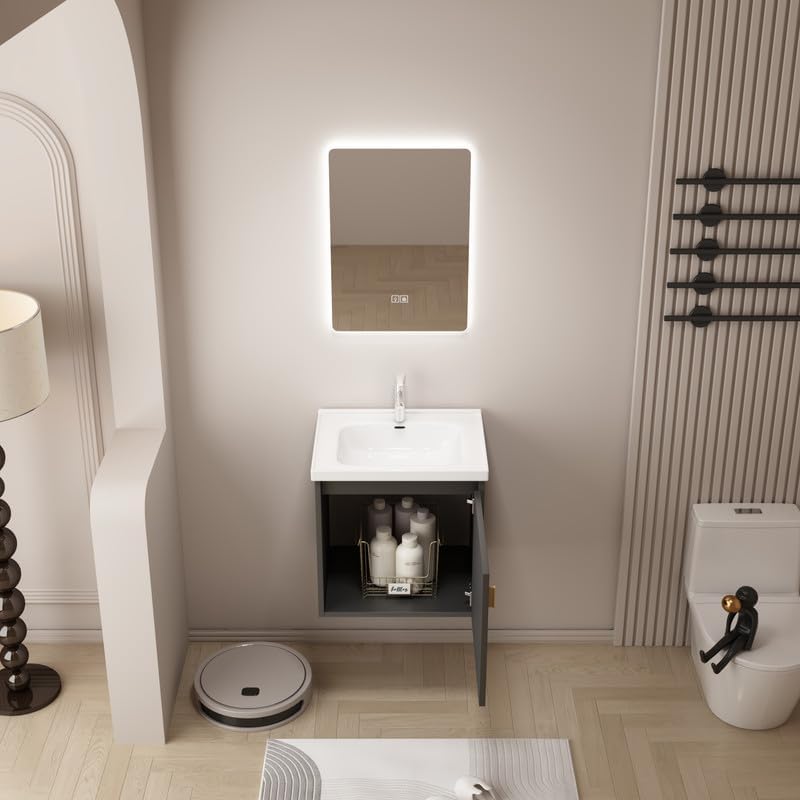 20' Small Bathroom Vanity Wall Mounted,Small Bathroom Vanity with Ceramic Sink, Modern Bathroom Vanity with Soft-Close Drawers, Chrome Faucet, Pop up Drain, P-Trap (Grey)