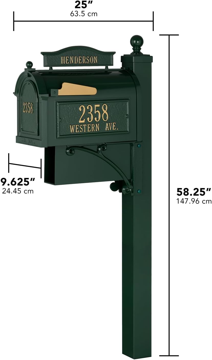 Whitehall Ultimate Mailbox Package, Personalized Large Mailbox with Post and Address Plaque for Outside - Green/Gold
