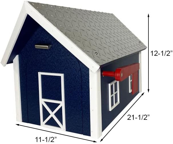 Amish Recycled Plastic Deluxe Mailbox, Patriotic Blue & White | Large Barn-Style Post Mount Mailbox with Diamond Plate Metal Roof, Red Flag & Magnetic Door | Weather-Resistant, Made in USA