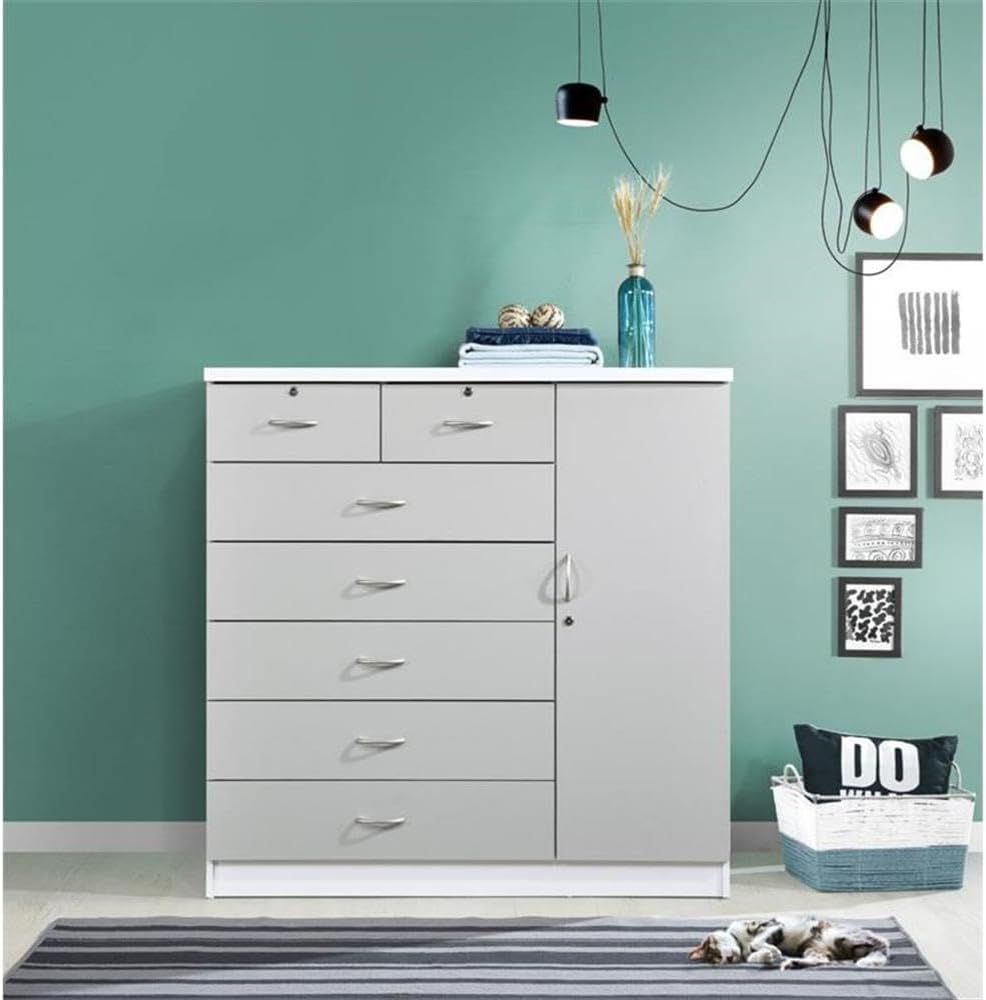 BOWERY HILL 7-Drawer Chest with Locks, Adjustable Shelves & Hanging Rod, Gray Wood, 48.6 in. H x 47.2 in. W x 17.6 in. D, Metal Roller Glides, Safety Stops, Side Door Storage, Bedroom Furniture