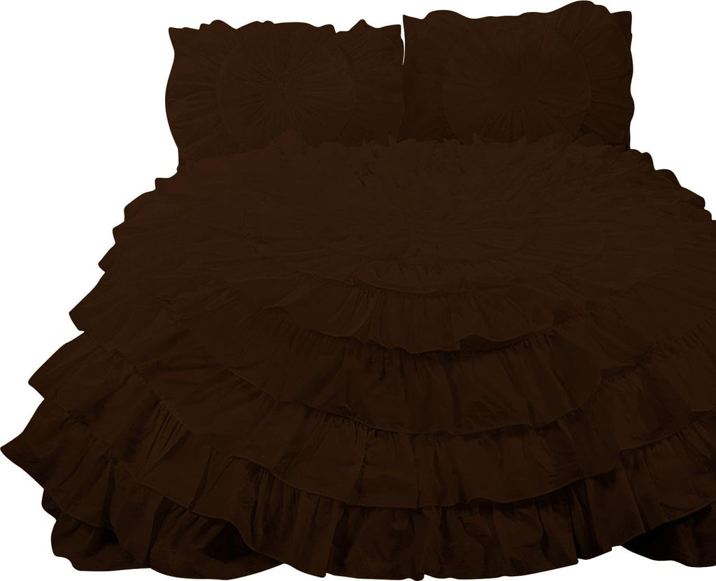 3 Piece 100% Egyptian Cotton Circle Ruffle Comforter Set, 550 GSM Filled Microfiber - Full/Queen Size, Chocolate Color - 1000 Thread Count