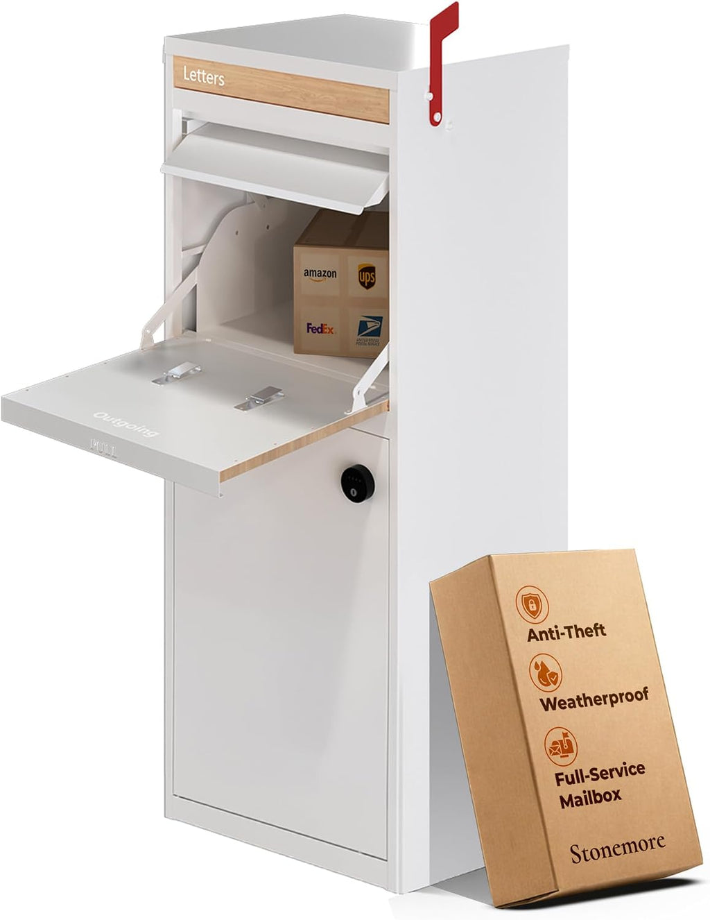 Hudson USPS Compatible Mailbox, Snow White/Oak Package Mailbox, Anti-Theft Locking Parcel Drop Box for Porch Or Curbside, Large Mailbox for Packages, Weather-Sealed Powder Coated Steel