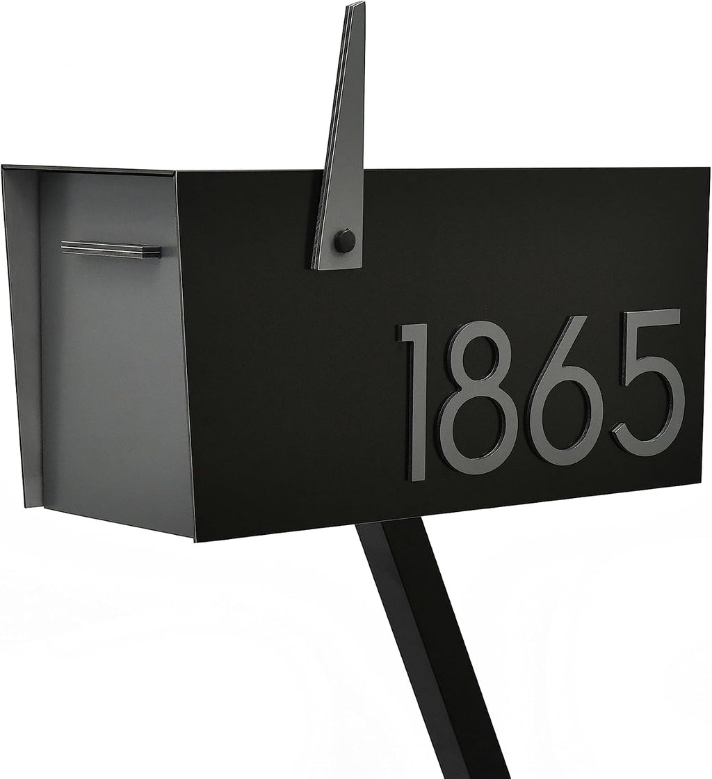 Contemporary Post-Mount Mailbox - Aluminum Black Body with Aluminum Door, Numbers and Flag - Large Customized Mailbox - Type 4 (Gray)