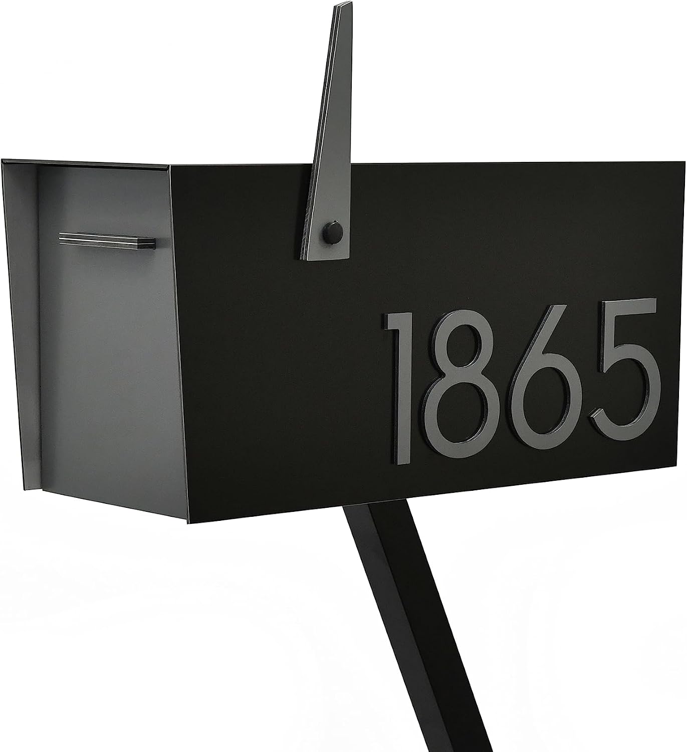 Contemporary Post-Mount Mailbox - Aluminum Black Body with Aluminum Door, Numbers and Flag - Large Customized Mailbox - Type 4 (Gray)