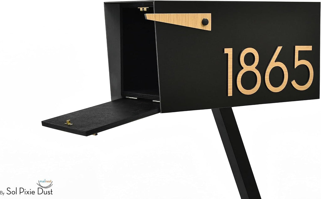 Contemporary Post-Mount Mailbox - Aluminum Black Body with Aluminum Door, Numbers and Flag - Large Customized Mailbox - Type 4 (Bamboo Wood)