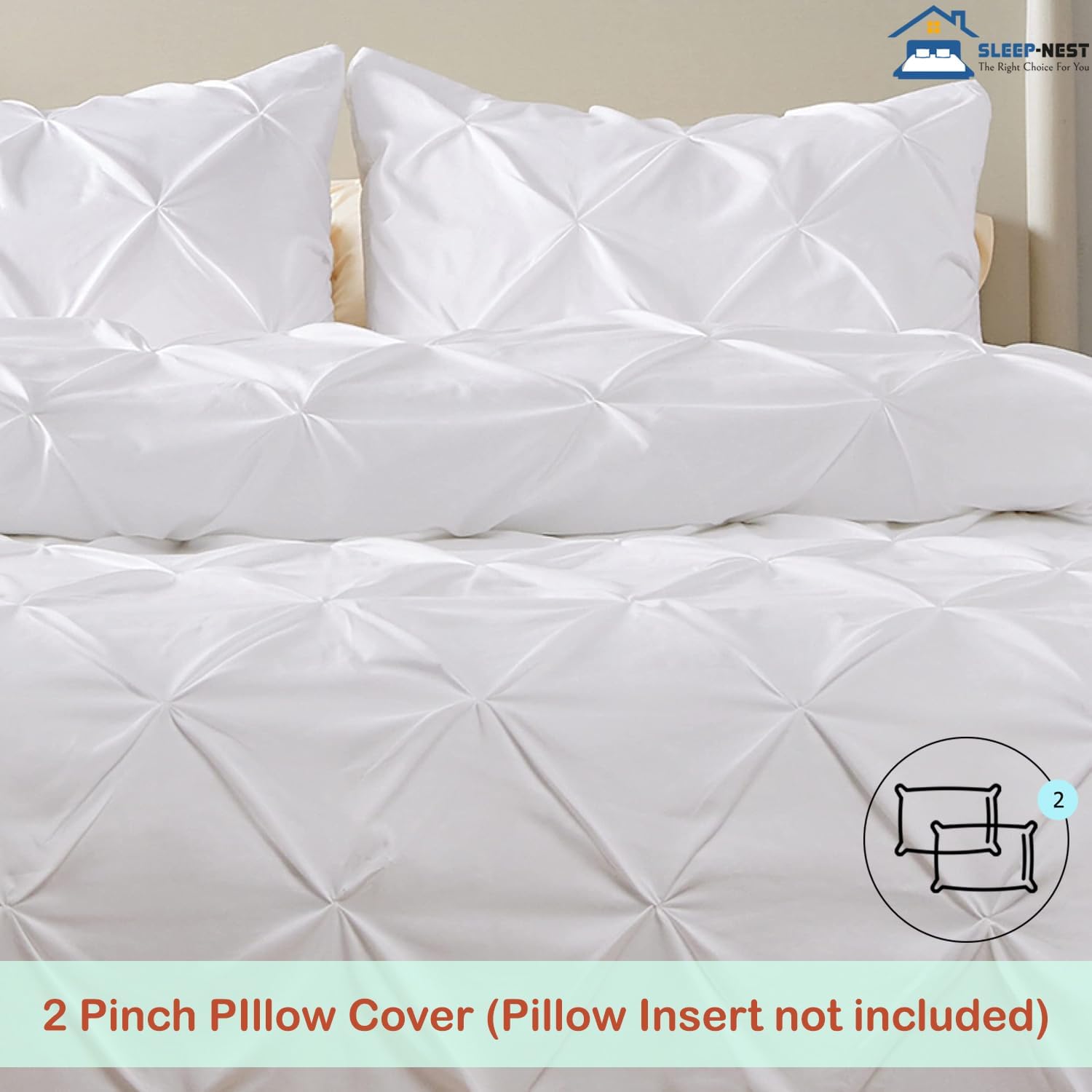 SLEEP-NEST Luxuries Decorative Pinch Pleated Pintuck Duvet Cover Set Oversized King Plus 128x120 Size 3 Piece with Zipper Closure 100% Egyptian Cotton Soft & Cozy, White