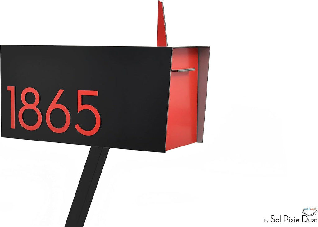 Contemporary Post-Mount Mailbox - Aluminum Black Body with Aluminum Door, Numbers and Flag - Large Customized Mailbox - Type 4 (Red)