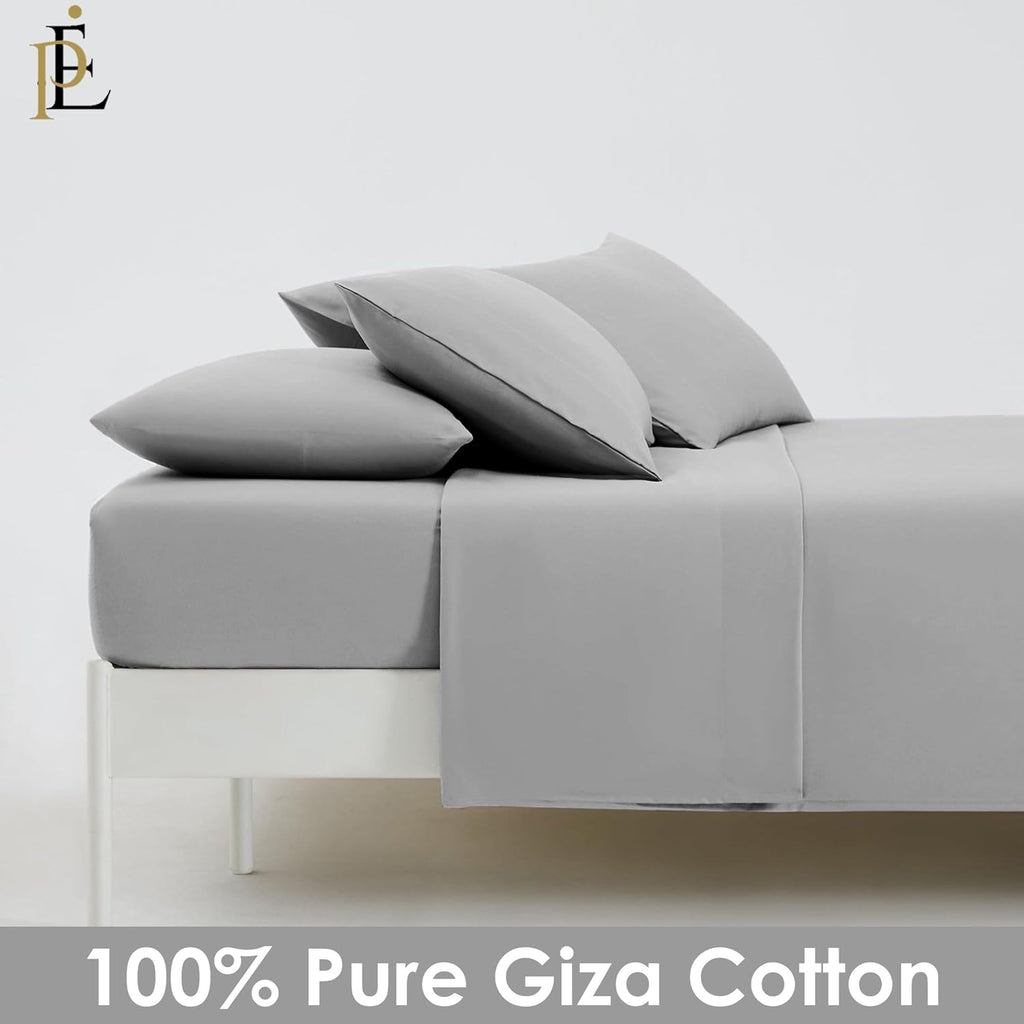 100% Giza Cotton, 1000 Thread Count, 6-PC Bed Sheet Set [Queen Size, Light Grey Color] 18 inches Deep Pockets, Long Staple Cotton Breathable Soft Silky Sateen Weave