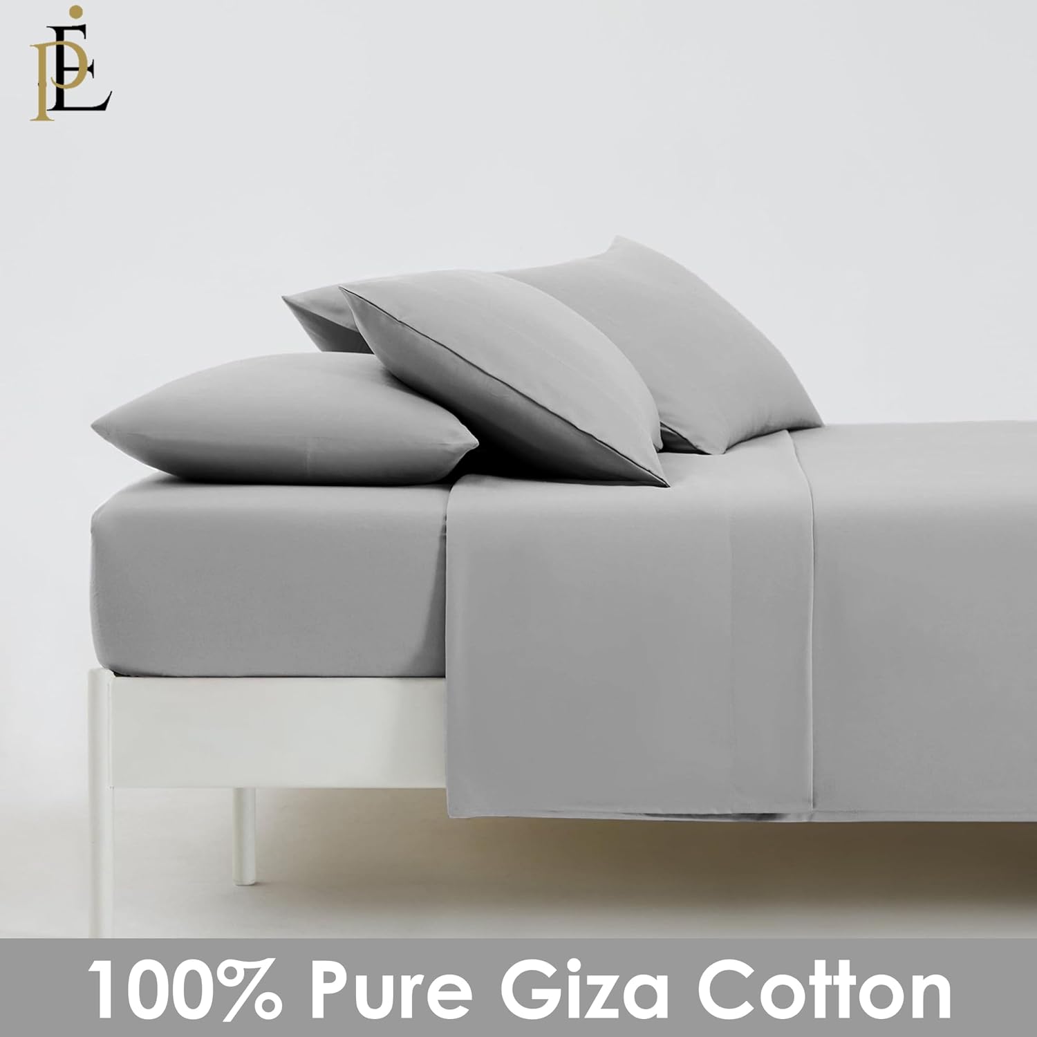 100% Giza Cotton, 1000 Thread Count, 6-PC Bed Sheet Set [Queen Size, Light Grey Color] 18 inches Deep Pockets, Long Staple Cotton Breathable Soft Silky Sateen Weave