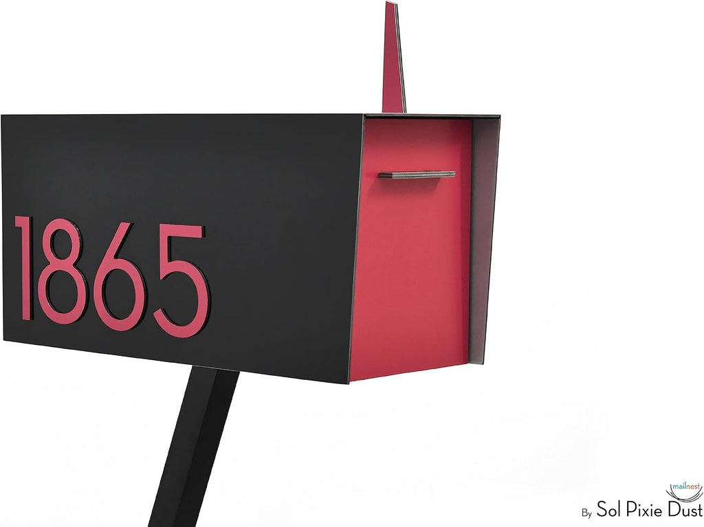 Contemporary Post-Mount Mailbox - Aluminum Black Body with Aluminum Door, Numbers and Flag - Large Customized Mailbox - Type 4 (Dark Pink)