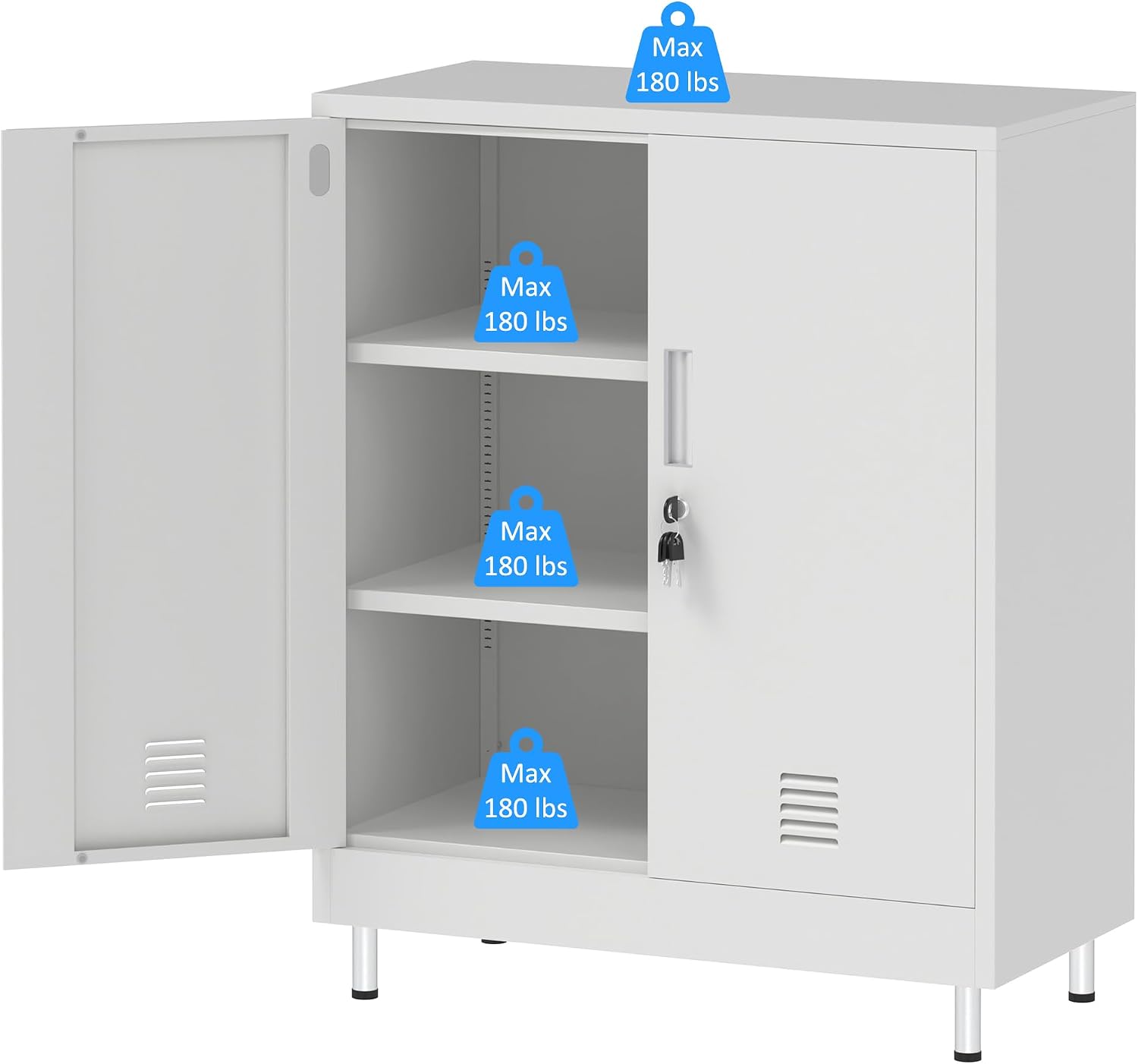 JINGUR Metal Storage Cabinet with Locking Doors and 2 Adjustable Shelves, Lockable Storage Cabinet for Home Office Garage Pantry Living Room (White)