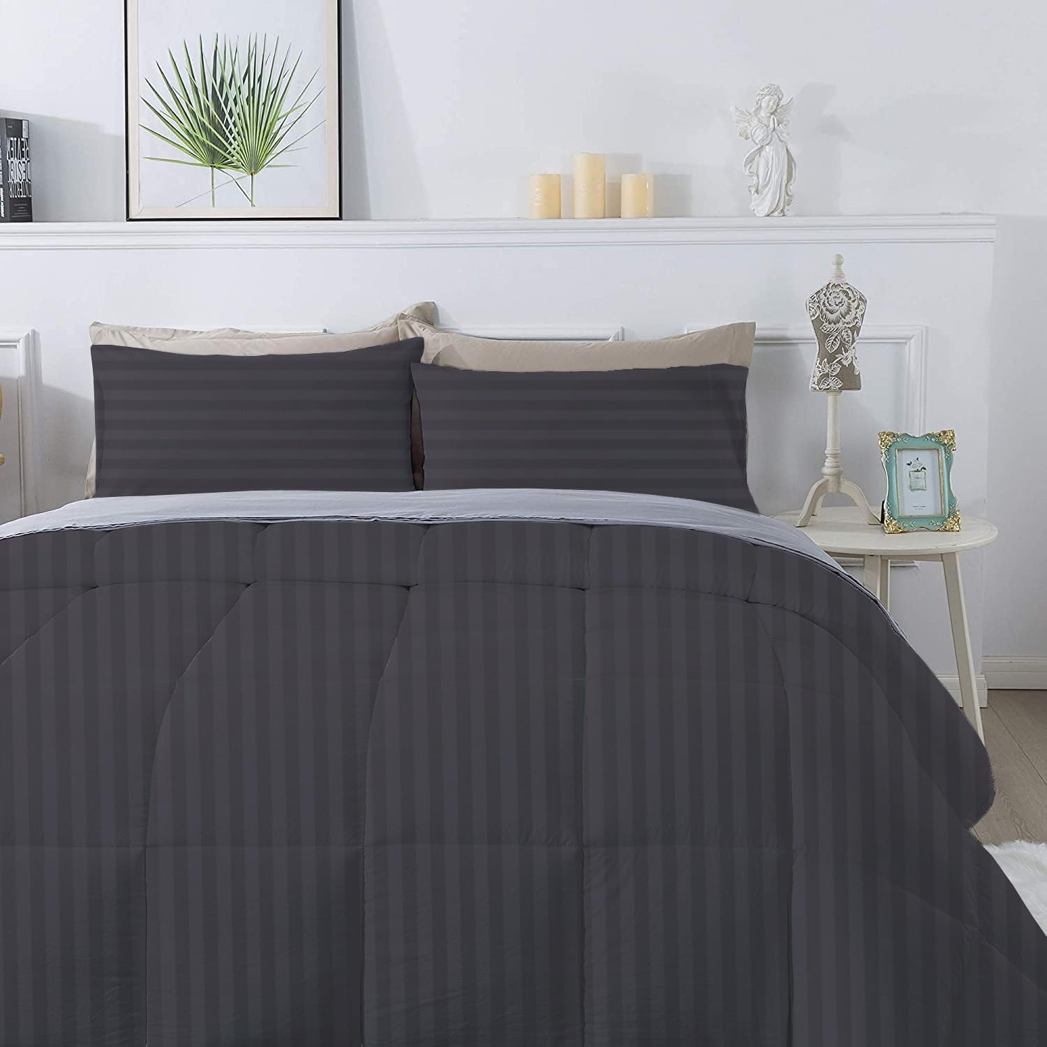 3 Piece 100% Egyptian Cotton 800 Thread Count Comforter Set Full/Queen Size (90' x 90') Inch 400 GSM Luxurious Hotel Collection Ultra-Soft Comforter Set- Dark Grey Stripe