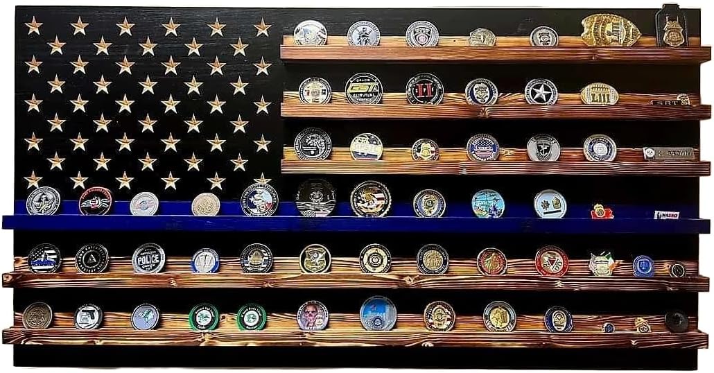 Thin Blue Line Challenge Coin Holder Display, Wooden Shelves hold 90-100 Coins, for Military, Police, Law Enforcement, First Responders, Custom Handmade Quality, Made in Texas